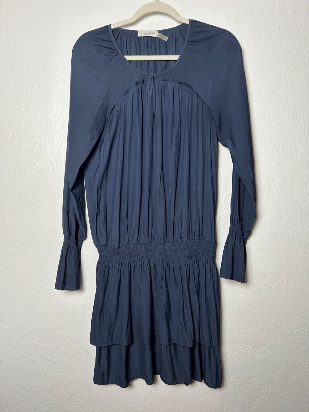 RAMY BROOK Olivia Blue Flutter Sleeve Flirty Smocked Flare Mini Dress Sz Large